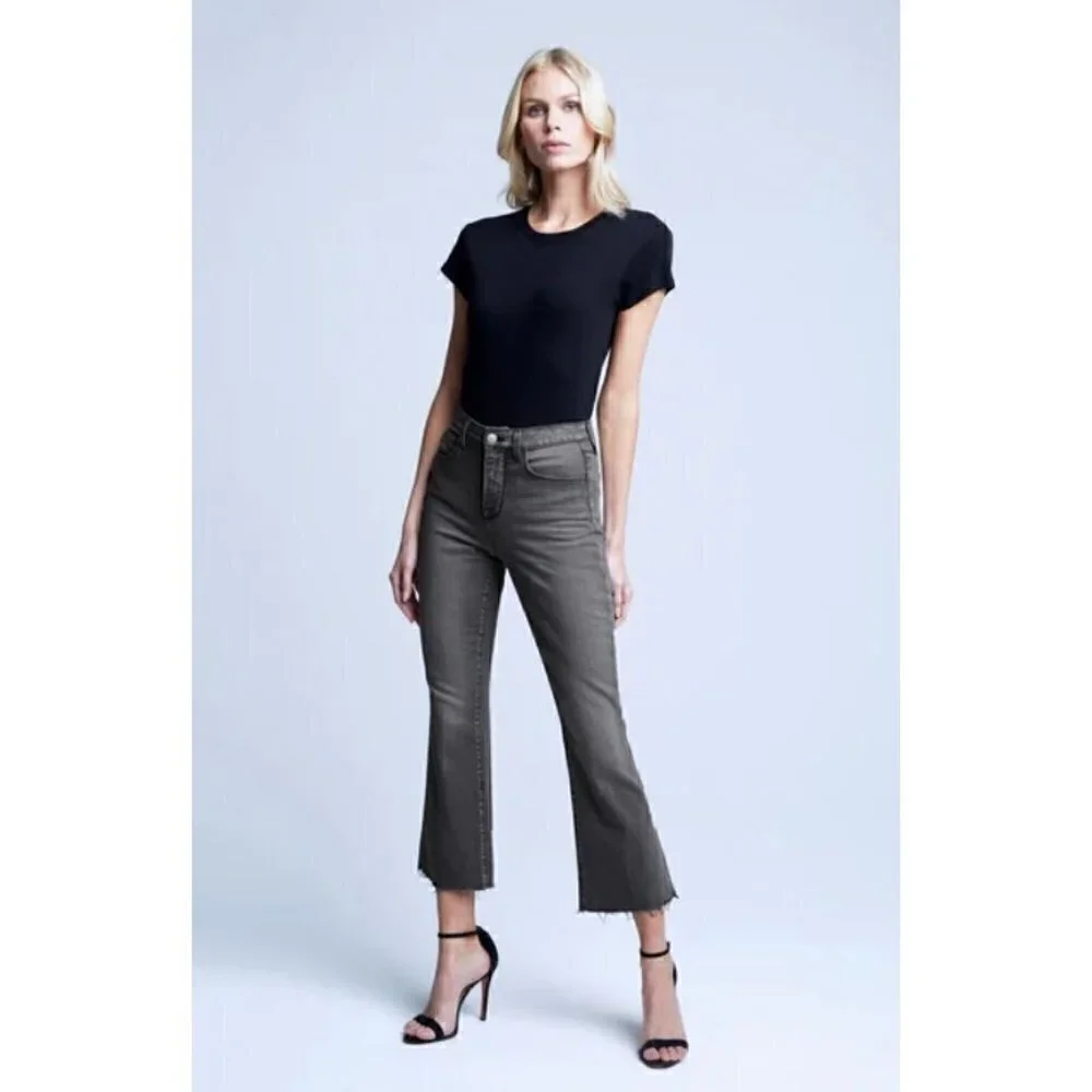 NWD L’AGENCE Size 25 Kendra Cropped Distressed High-rise Flared Jeans Grey